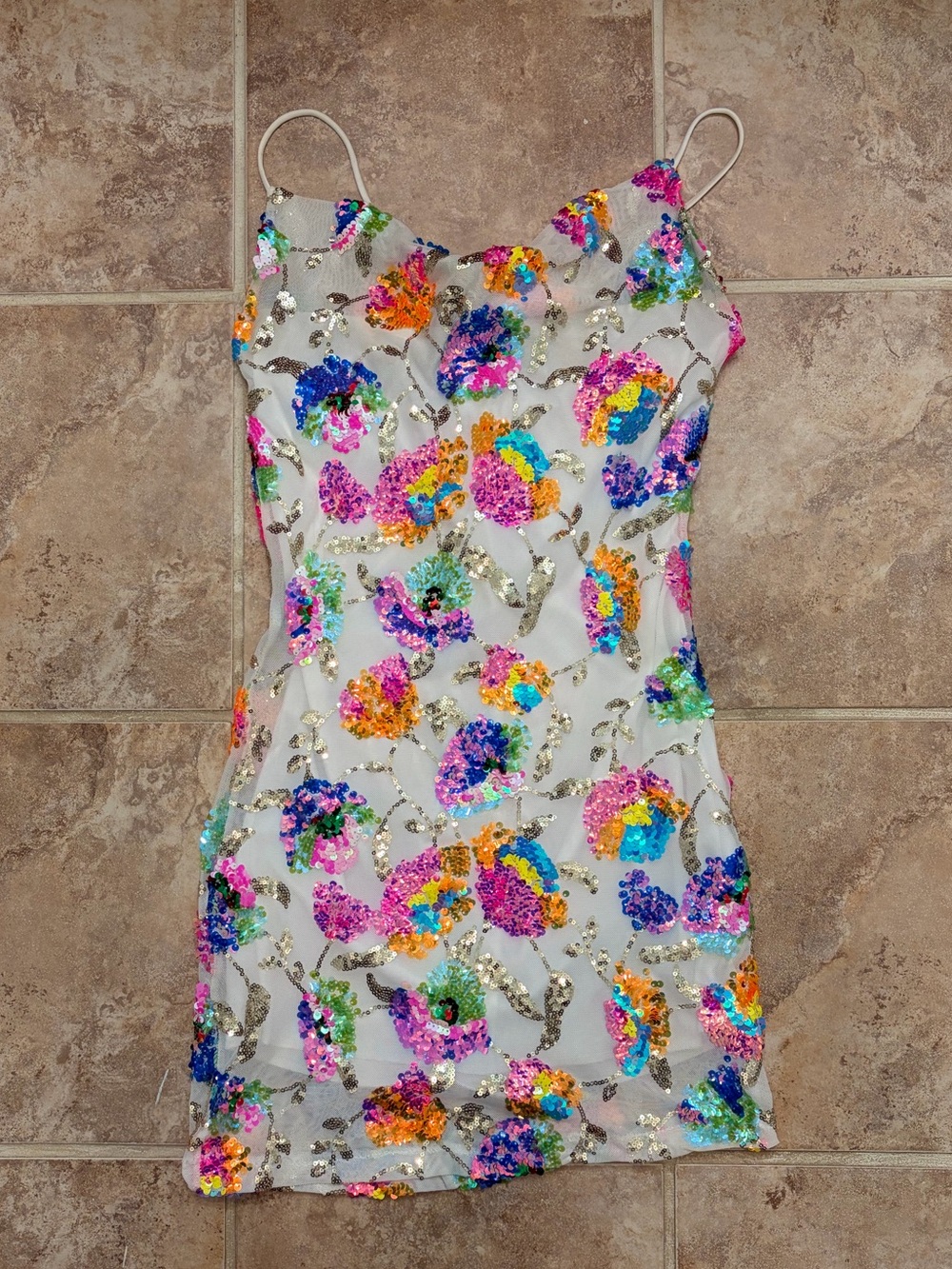 Lucy in the Sky White Hoco Party Dress with Multicolor Sequin Flowers